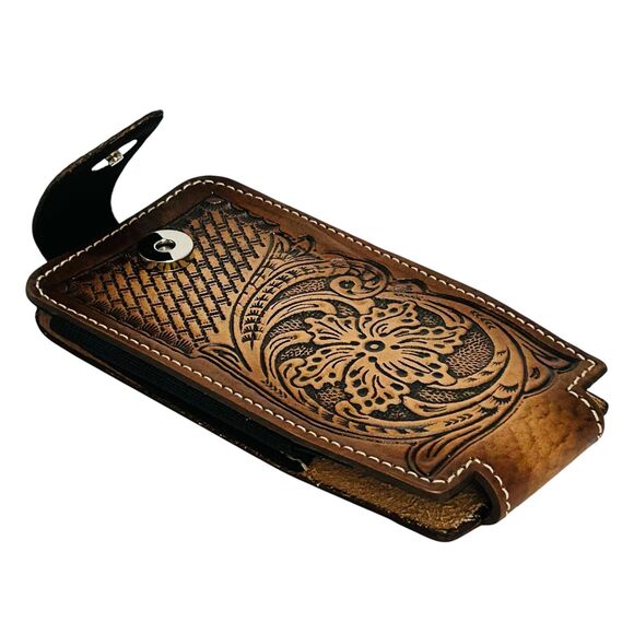 Western Leather Cell Phone holster brown - hand tooled,Funda de piel vaquera - Picture 2 of 4